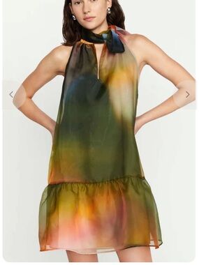 Marie Oliver Nikki Sheer Watercolor Halter Tie-Neck Dress in Olive Sunset Hues